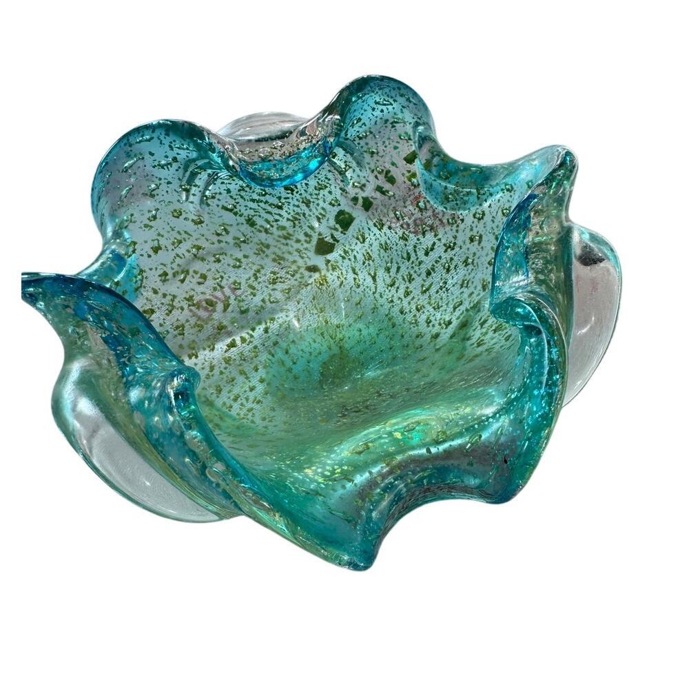 Vtg Murano Bollinato Blue Metallic Gold Fleck Scalloped Art Glass Bowl Ashtray